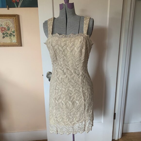 VTG 90s Y2k Gold Metallic Lace Bodycon Slip Dress Sz Formal Party Wedding Guest - Picture 1 of 9